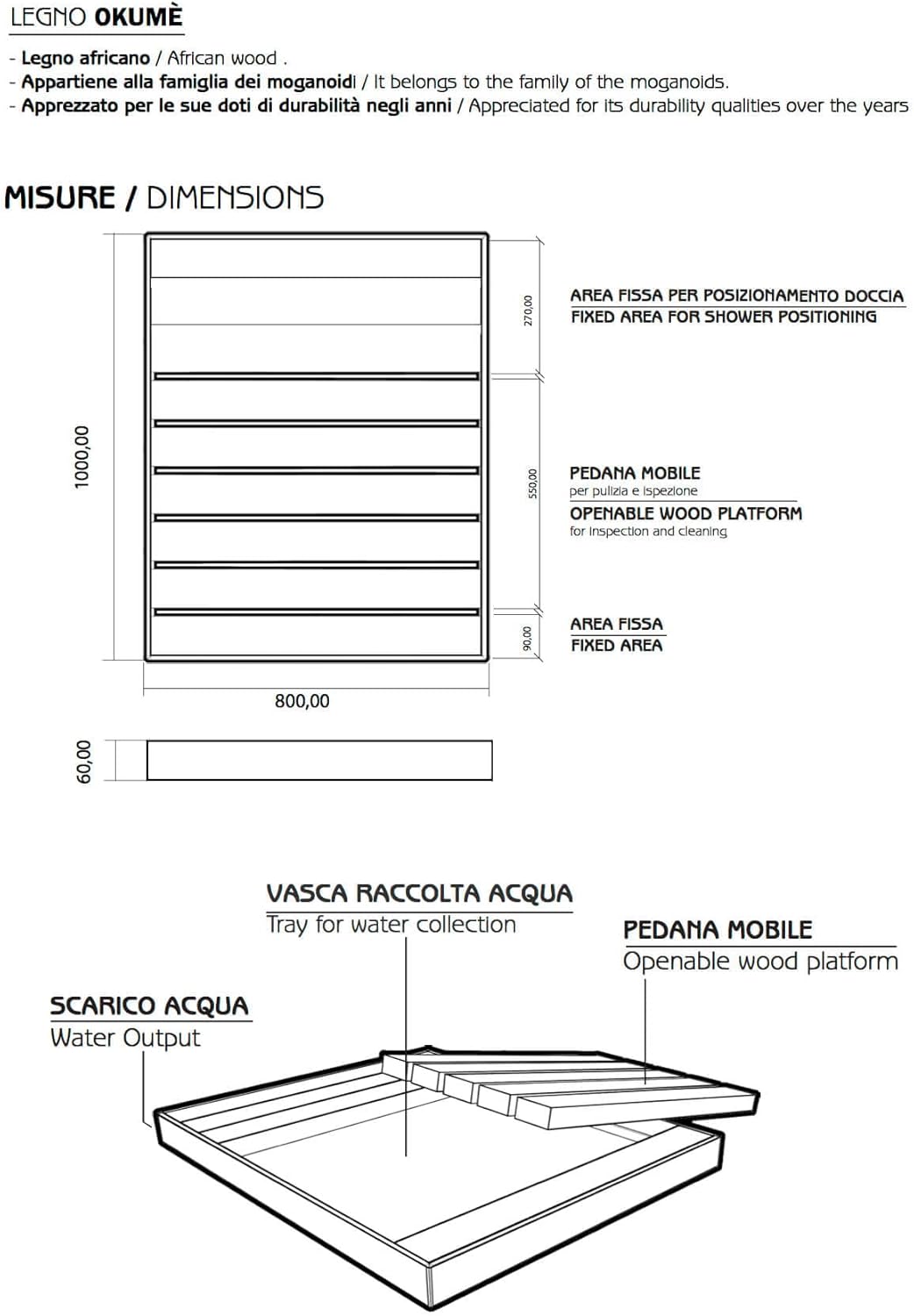 Piatto Doccia Top D106 Arkema – Legno Okumè 100×80 cm | Made in Italy