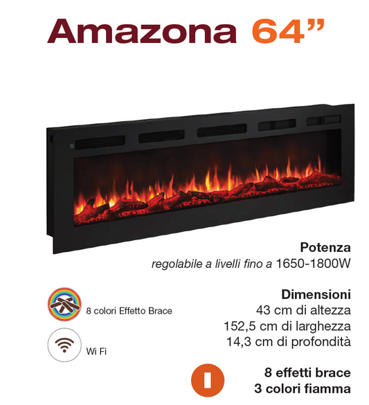 Caminetto Elettrico Amazona 64" - Eleganza e Calore con Effetti Visivi Personalizzabili e Controllo Intelligente